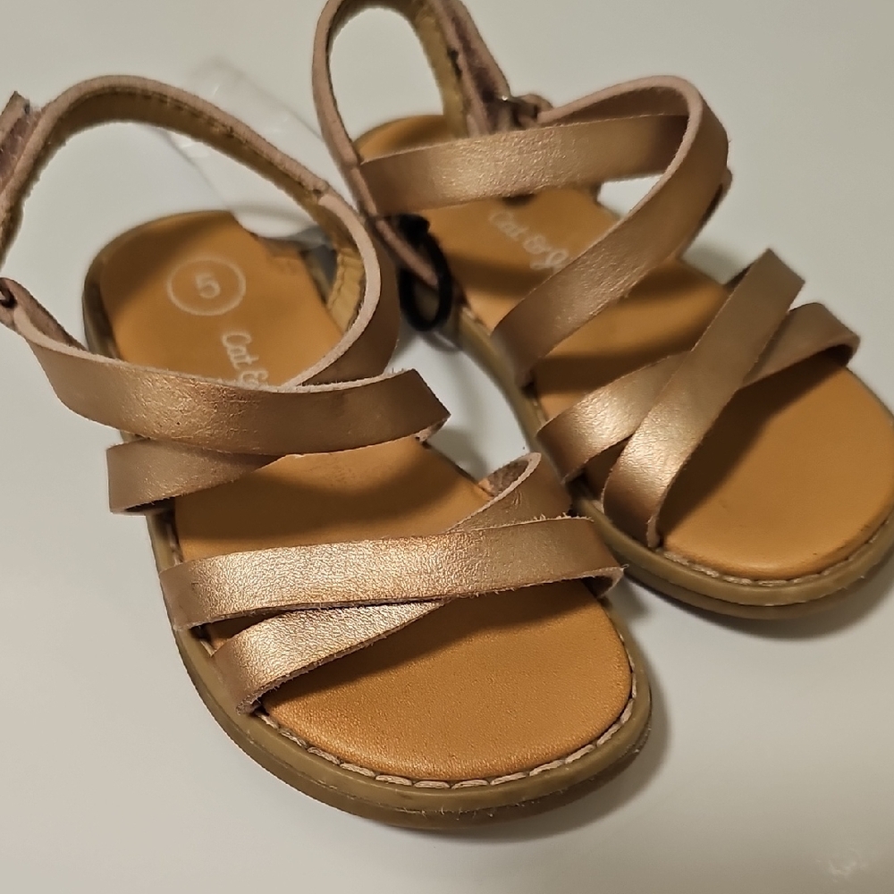 Girls' Gold bronze metallic Strappy Sandals 5 velcro back cat & jack